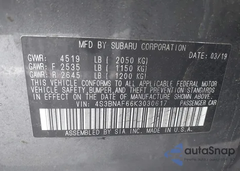 2019 Subaru Legacy 2.5I Premium из США, поврежденный, VIN 4S3BNAF66K3030617